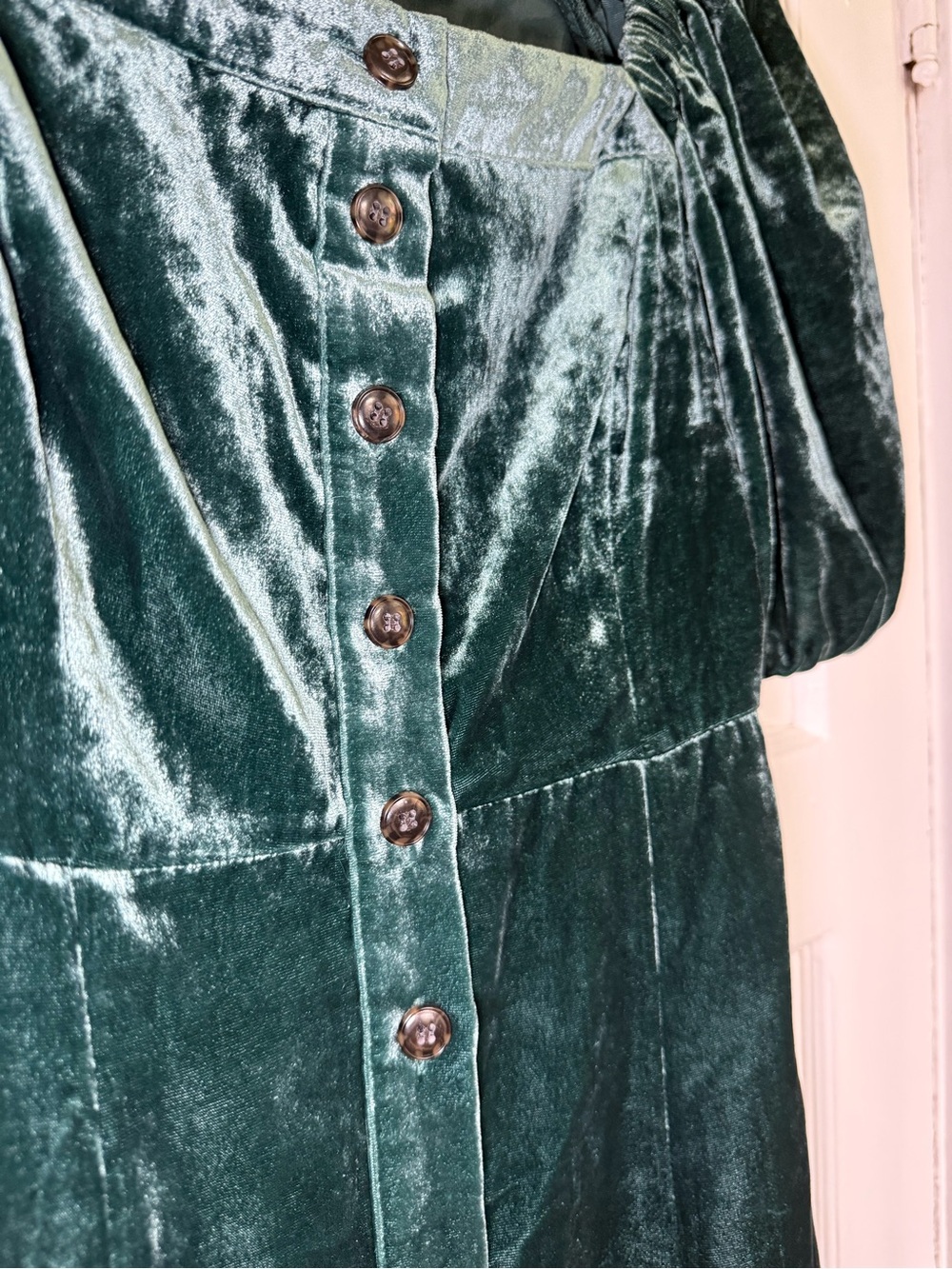 J.Crew Emerald Velvet Puff Sleeve Square-Neck Button Front Midi Dress Whimsigoth - Picture 8 of 14